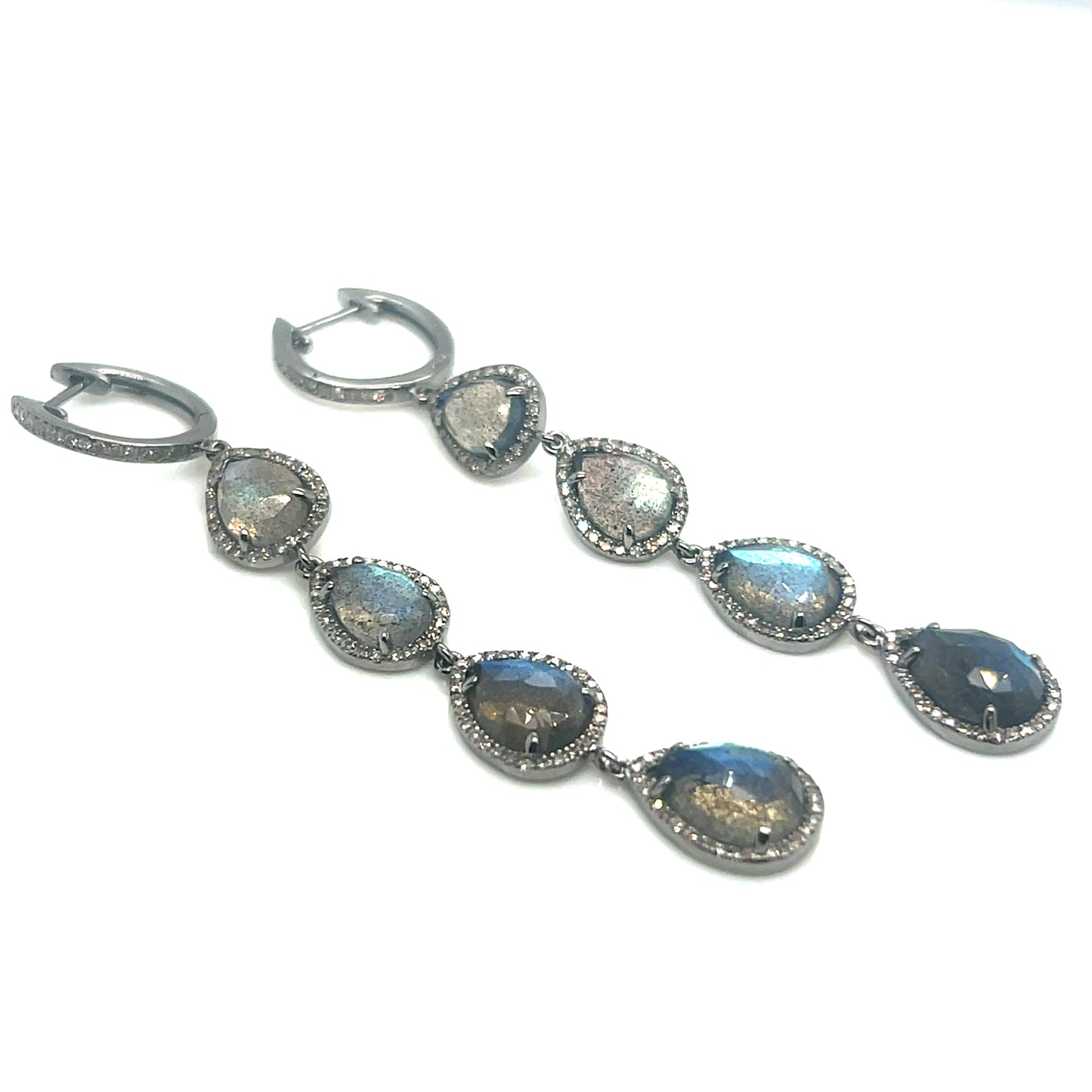 Oxidized Sterling Silver Labradorite and Diamond Dangle Earrings