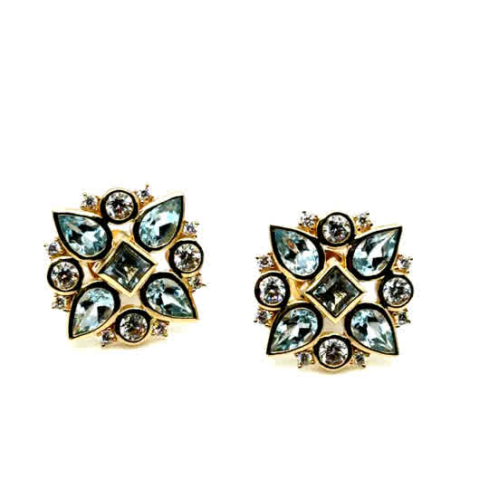 14Kt Yellow Gold Blue Topaz and Diamond Earrings
