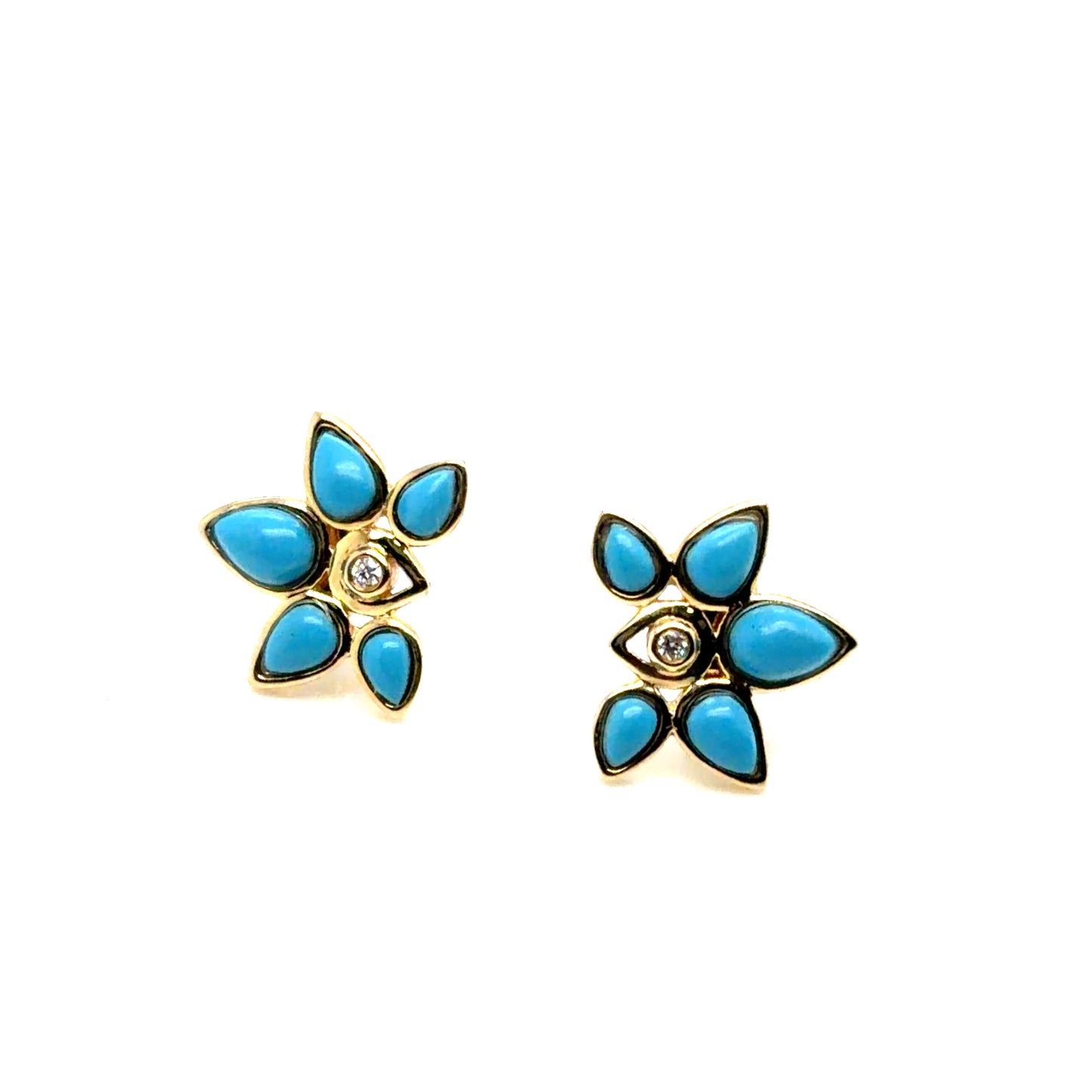 14Kt Yellow Gold Turquoise and Diamond Stud Earrings