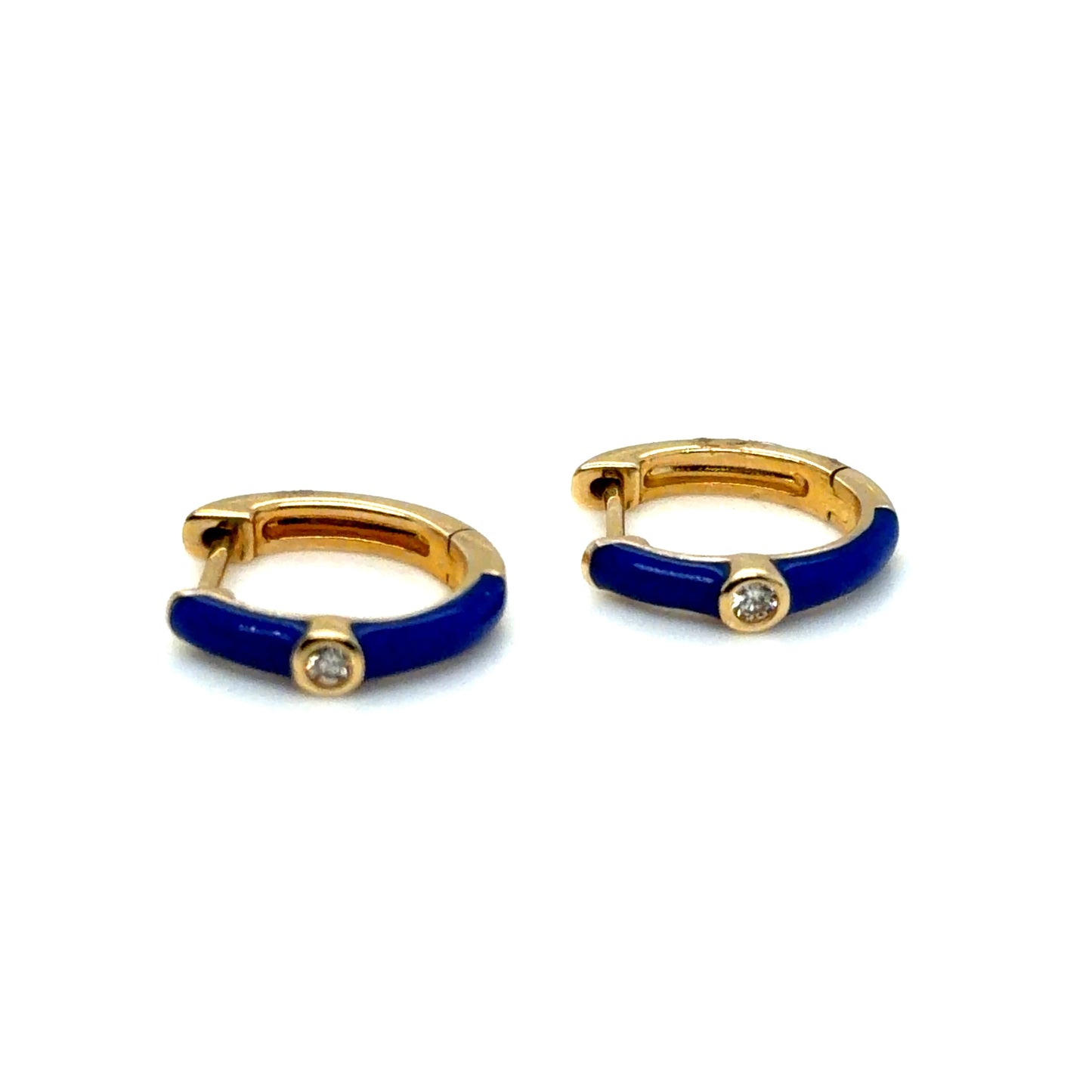 14Kt Yellow Gold Diamond and Blue Enamel Huggie Earrings