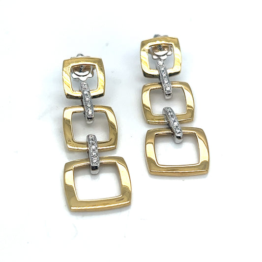 18Kt White and Yellow Gold Three Tier Diamond Dangle Earrings