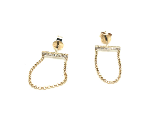 14Kt Yellow Gold Diamond Horizontal Bar Chain Dangle Earrings