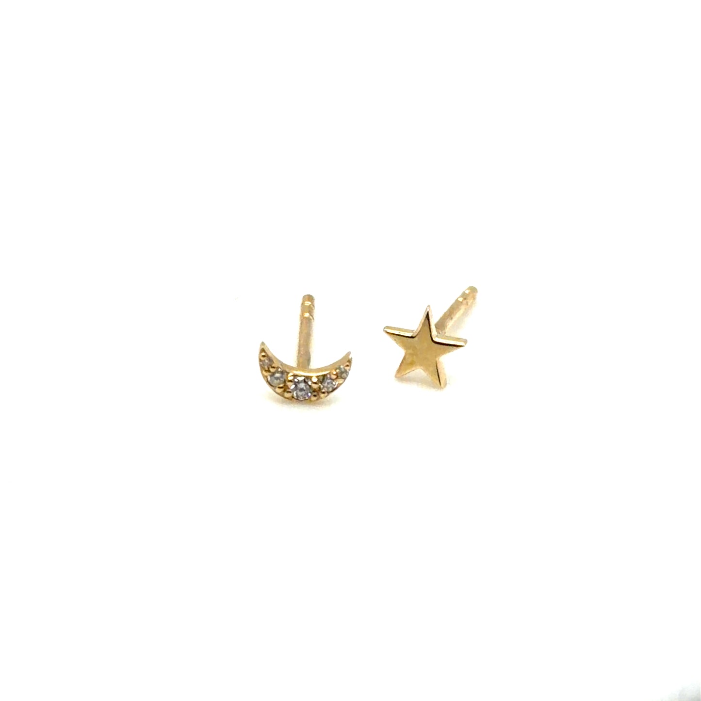 14Kt Yellow Gold Diamond Crescent Moon and Solid Gold Star Stud Earrings