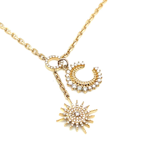 14Kt Yellow Gold Diamond Sun and Moon Charm Necklace