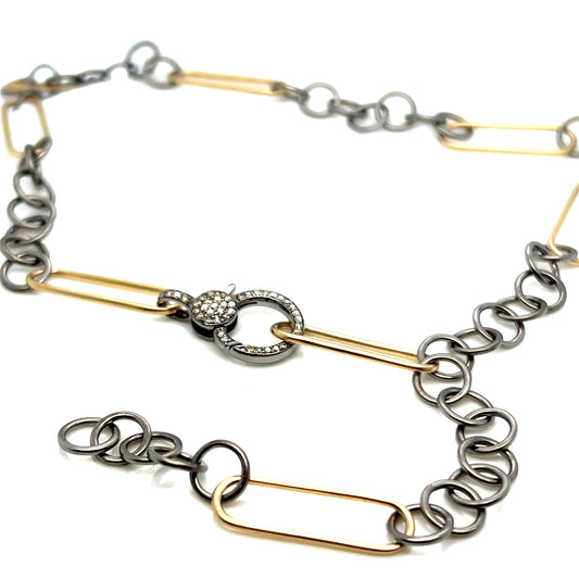 Sterling Silver and 14Kt Yellow Gold Link Diamond Clasp Necklace