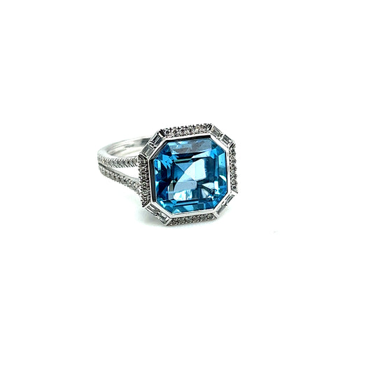 14Kt White Gold Blue Topaz and Diamond Ring