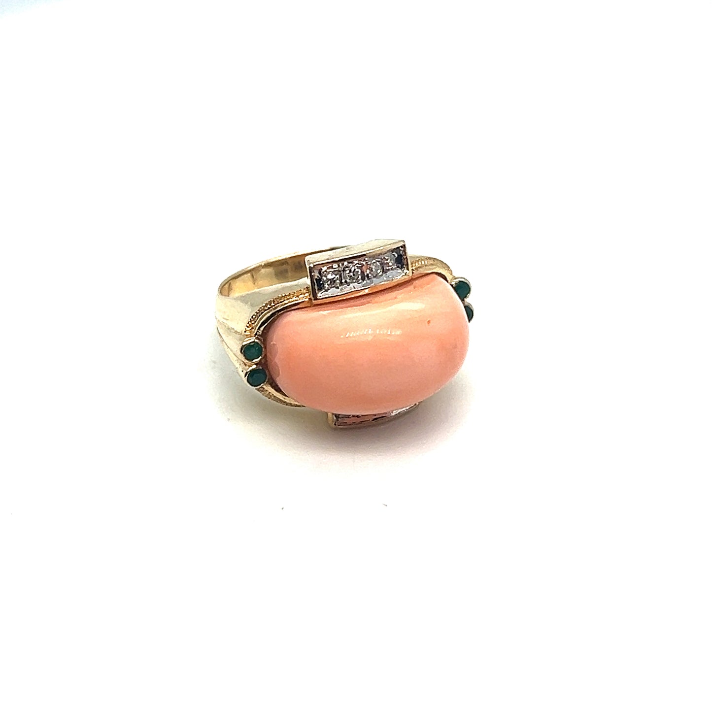 Coral, Diamond, and Emerald Ring