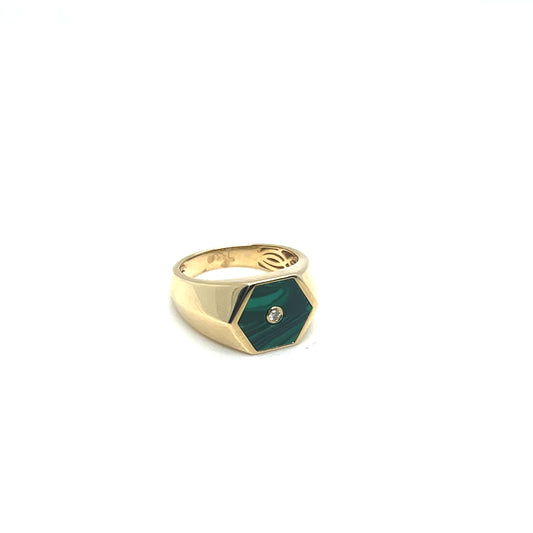 14Kt Yellow Gold Malachite and Diamond Pinky Ring