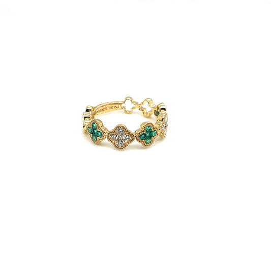18Kt Yellow Gold Emerald and Diamond Four Leaf Clover Band