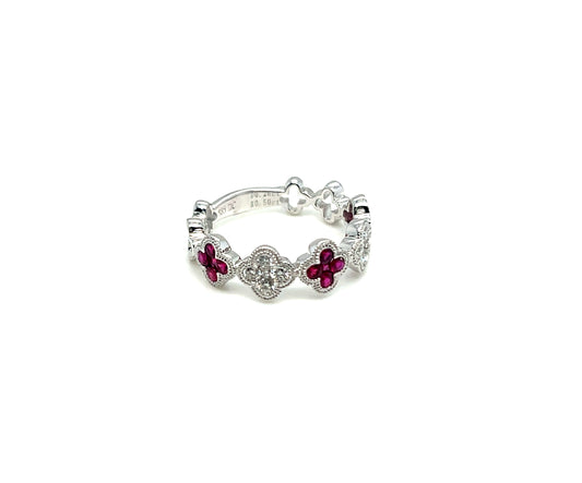 14Kt White Gold Ruby and Diamond Four Leaf Clover Band