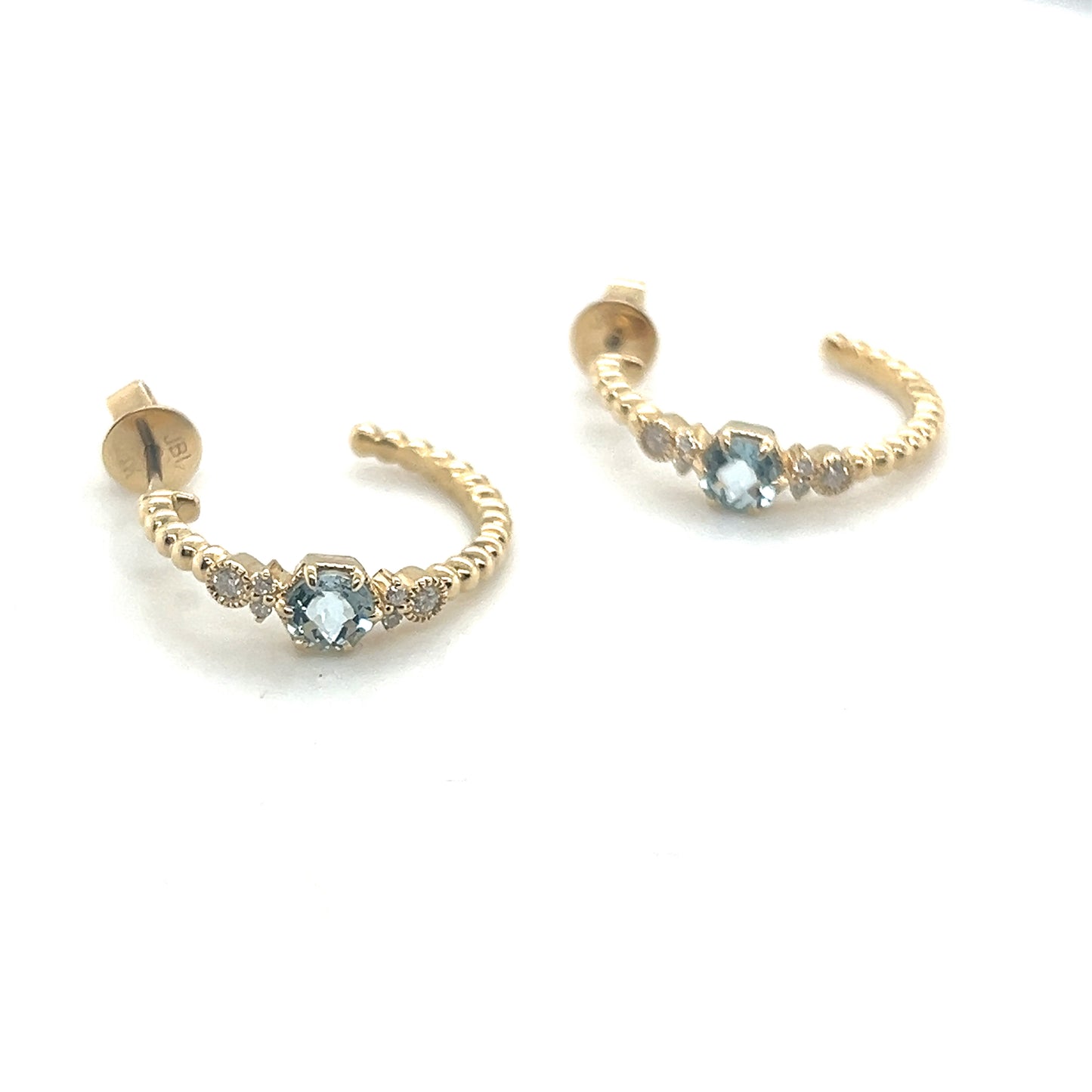 Yellow Gold Aquamarine and Diamond Huggie Earrings