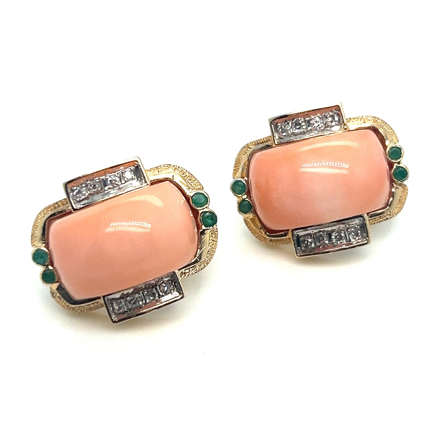 Coral, Diamond, and Emerald Earring Studs