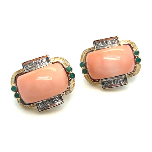 Coral, Diamond, and Emerald Earring Studs