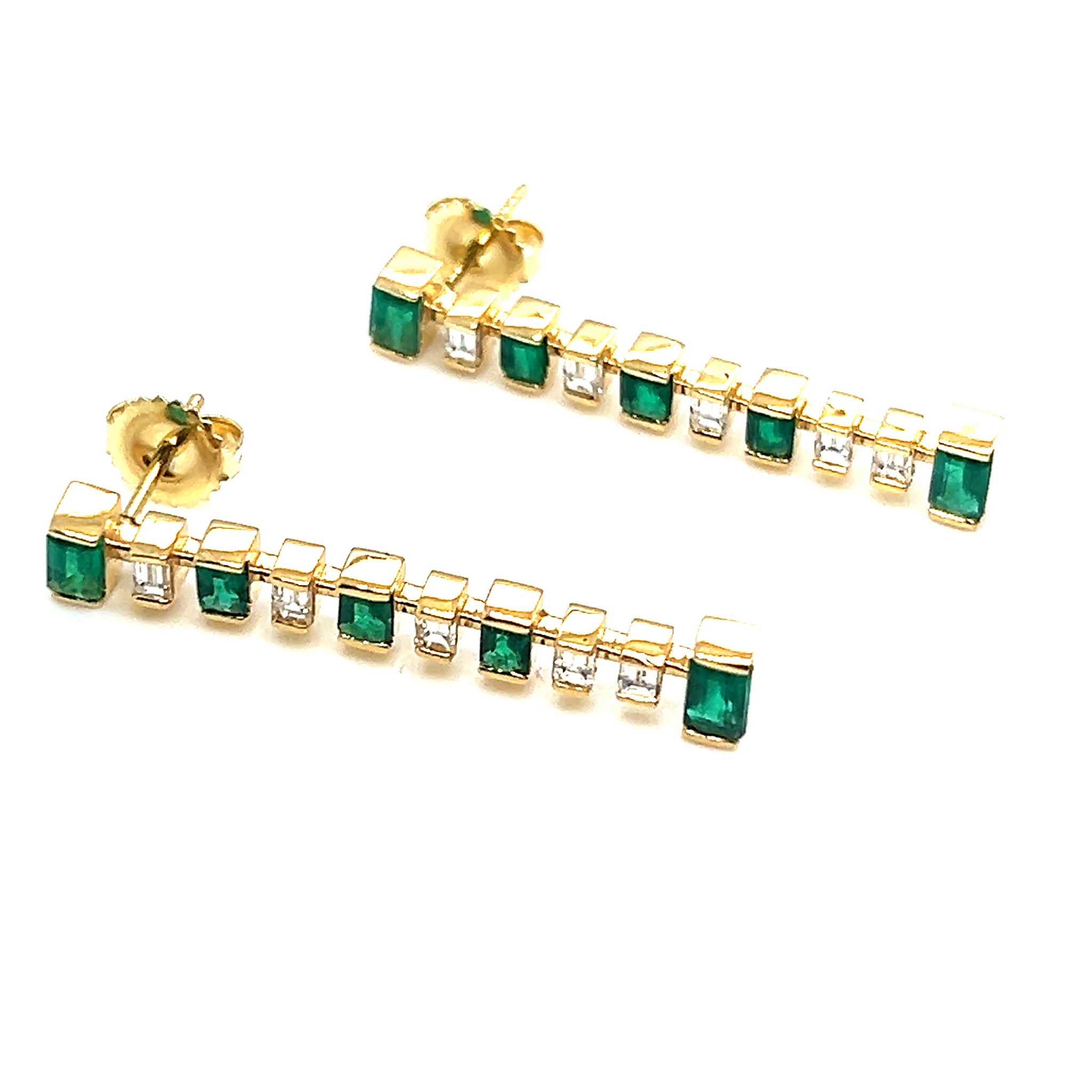 18Kt Yellow Gold Emerald and Diamond Dangle Earrings