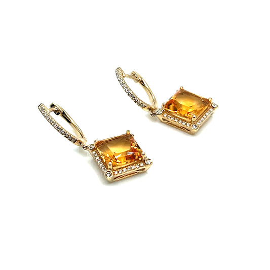 Yellow Gold Citrine and Diamond Dangle Earrings
