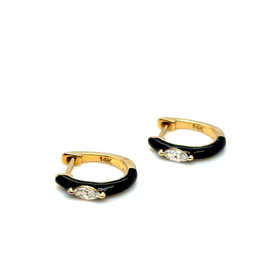 14Kt Yellow Gold Onyx and Diamond Huggie Earrings