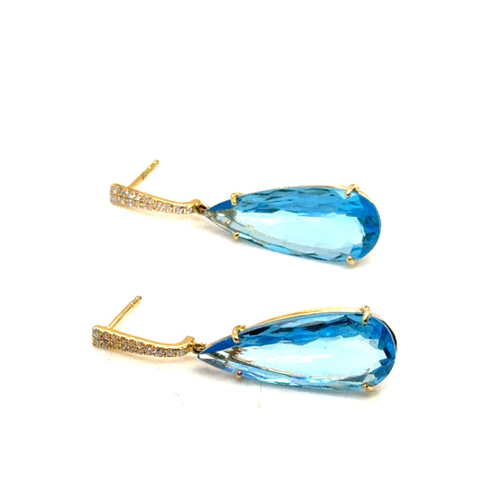 18Kt Yellow Gold Blue Topaz and Diamond Dangle Earrings