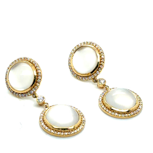 14Kt Yellow Gold Moonstone and Diamond Dangle Earrings