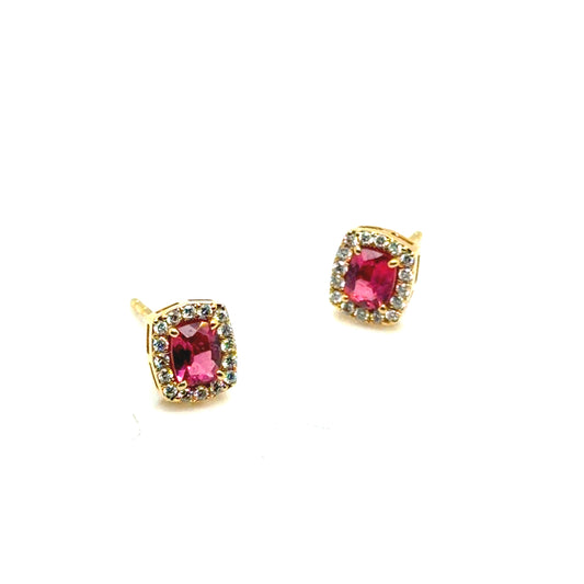 18Kt Yellow Gold Rubellite Tourmaline and Diamond Stud Earrings