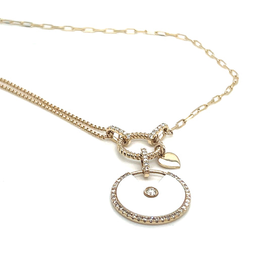 Mother of Pearl and Diamond Charm Necklace with a Gold Heart Charm