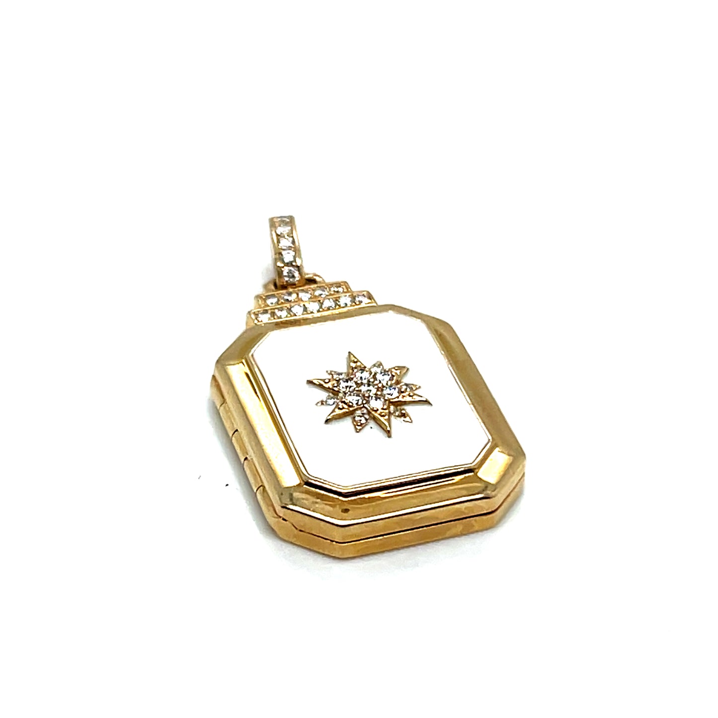 14Kt Yellow Gold White Enamel and Diamond Locket Dog Tag Pendant