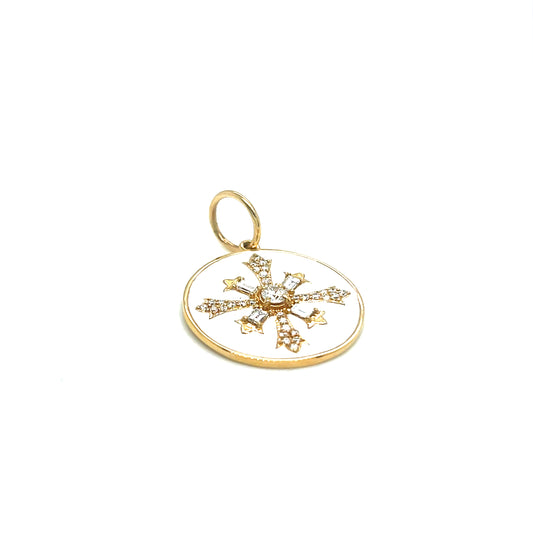 14Kt Yellow Gold White Enamel and Diamond Disc Charm/Pendant