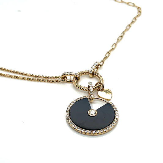 Black Onyx and Diamond Charm Necklace with a Gold Heart Charm