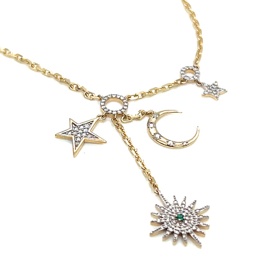 14Kt Yellow Gold Diamond and Emerald Charm Necklace