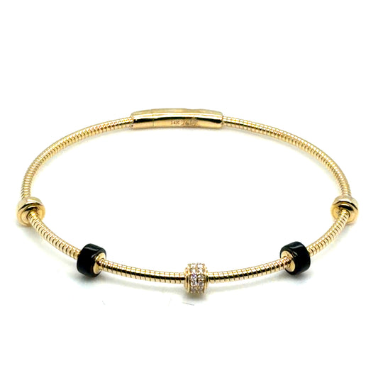 14Kt Yellow Gold Onyx and Diamond Fashion Bangle Bracelet