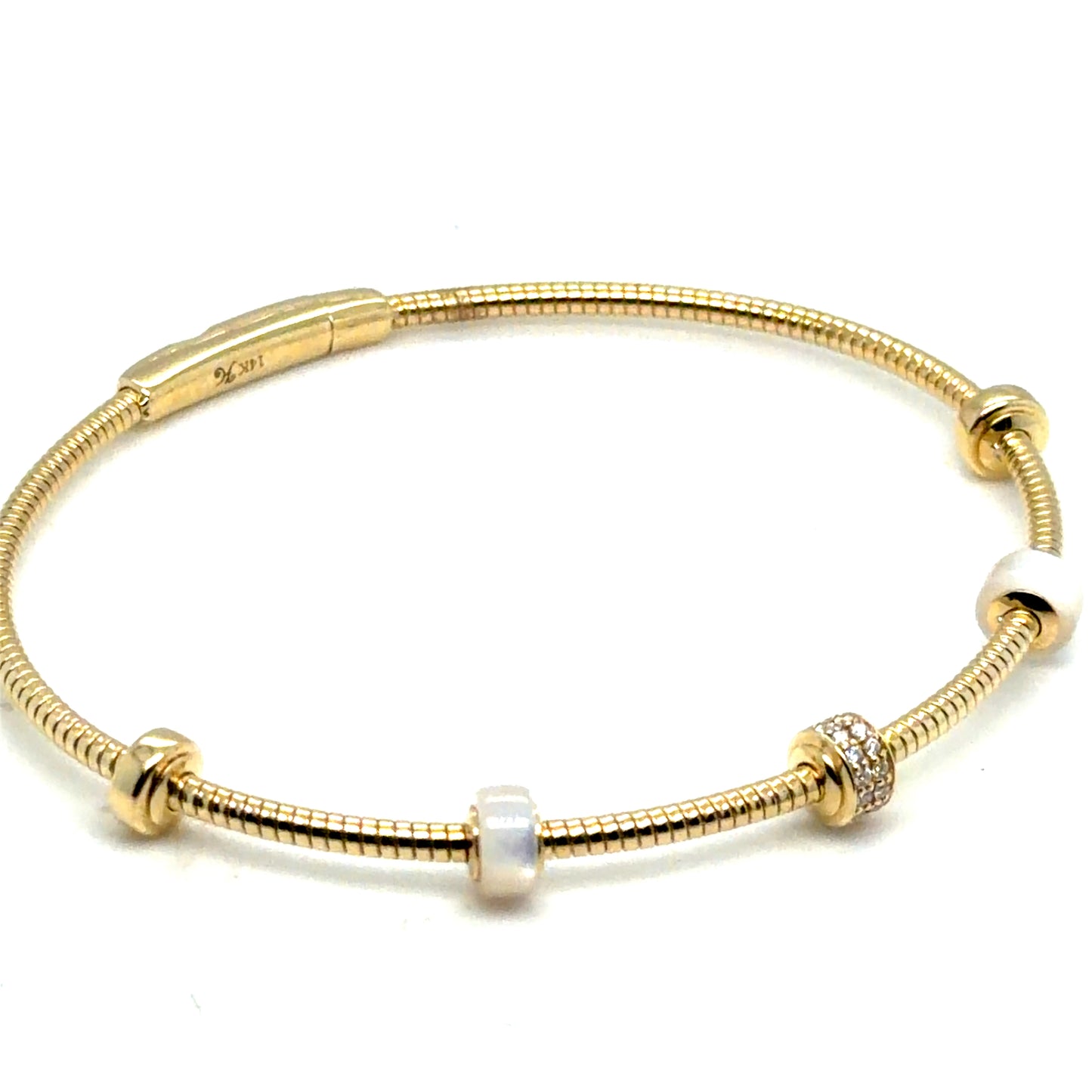 14Kt Yellow Gold Diamond and Mother of Pearl Flexible Bangle Bracelet