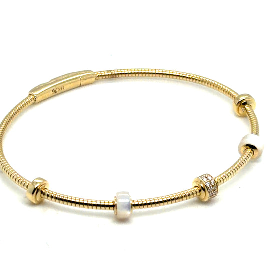 14Kt Yellow Gold Diamond and Mother of Pearl Flexible Bangle Bracelet