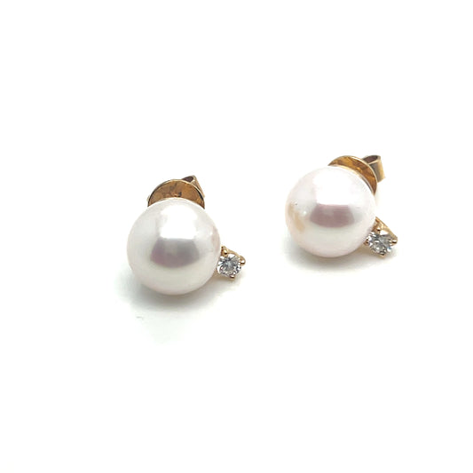 Yellow Gold Pearl and Diamond Stud Earrings