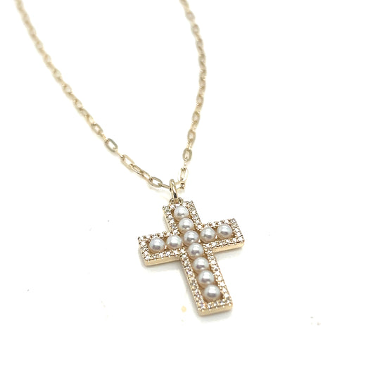 Pearl and Diamond Cross Pendant on a chain