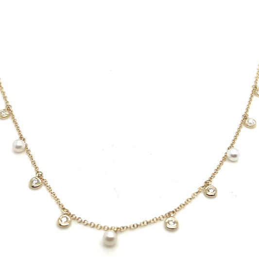 14Kt Yellow Gold Pearl and Diamond Necklace