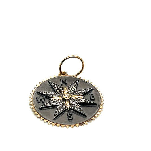 Sterling Silver and 14Kt Yellow Gold and Diamond Compass Pendant