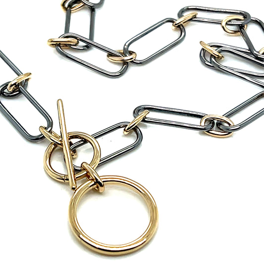 Sterling Silver and 14Kt Yellow Gold Link Toggle Necklace