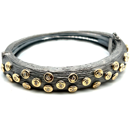 Sterling Silver and 14Kt Yellow Gold Bezel Set Diamond Textured Bangle Bracelet