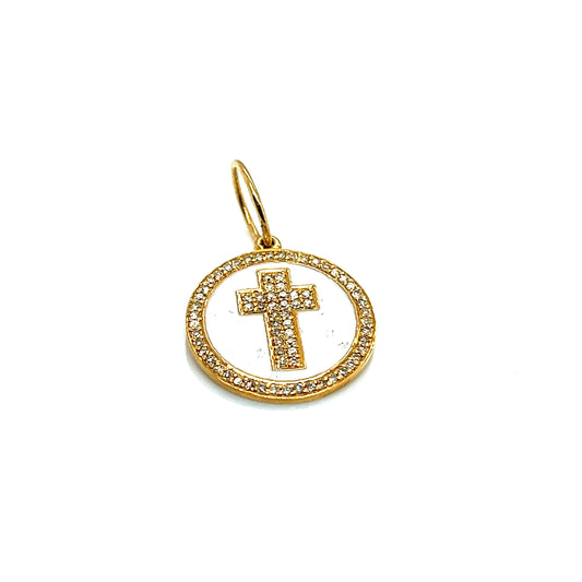 Gold Diamond Cross on White Enamel Charm/Pendant