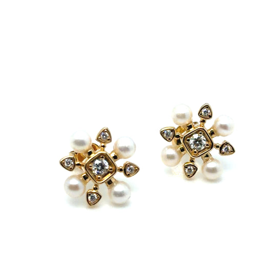 14Kt Yellow Gold Pearl and Diamond Stud Earrings