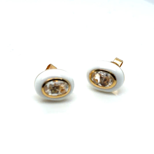 14Kt Yellow Gold White Topaz and White Enamel Stud Earrings